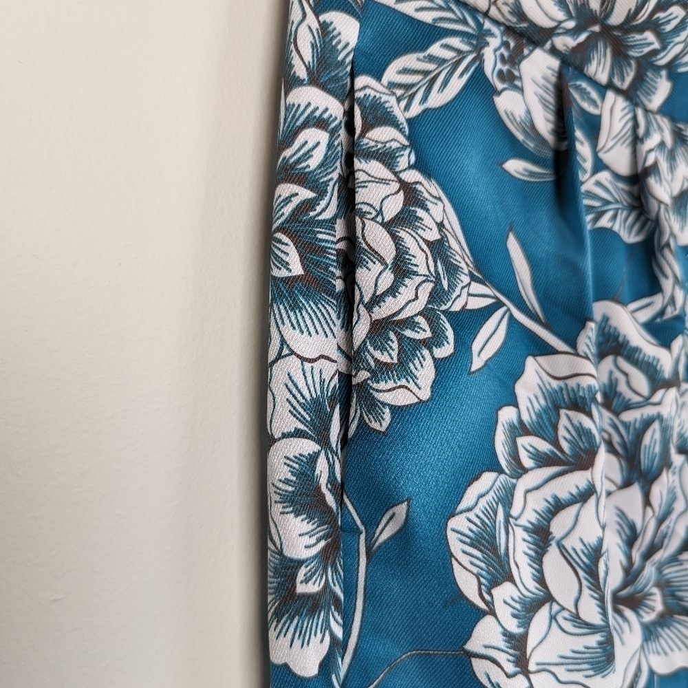 Worthington Floral Palazzo Pants Zip Front Pockets Teal White Abstract Floral - Picture 3 of 8
